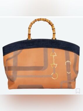 J. McLaughlin Angela Leather
& Denim Tote In Mega Bucket With Bamboo Handles